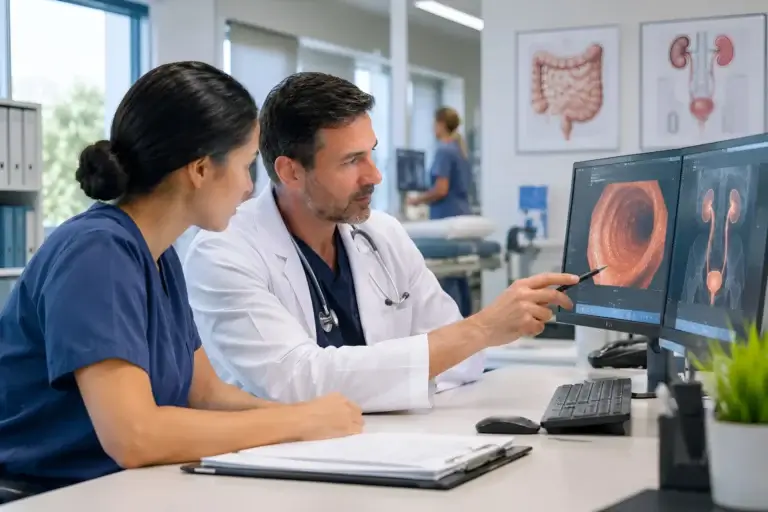 Doctor and nurse reviewing gastrointestinal and urology medical images on computer monitors in a clinical office